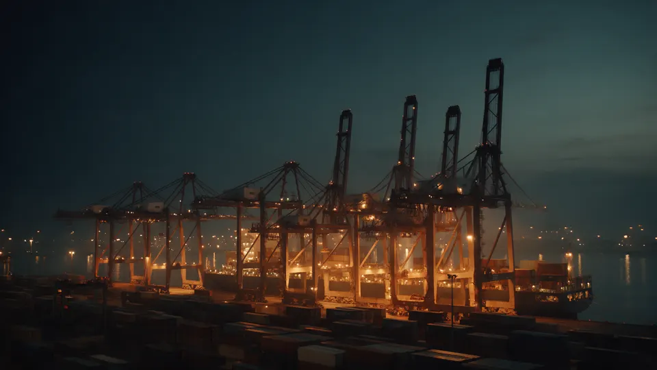 Quay cranes lit by amber floodlights over a berthed container vessel at a Malaysian container terminal at dusk.