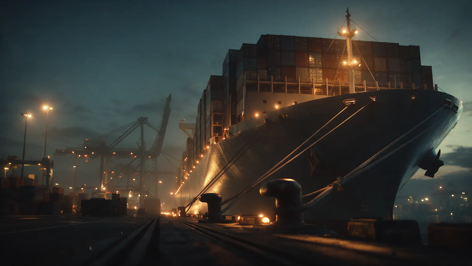 Low angle on the bow of a berthed container ship under quay lights, mooring lines taut to bollards.