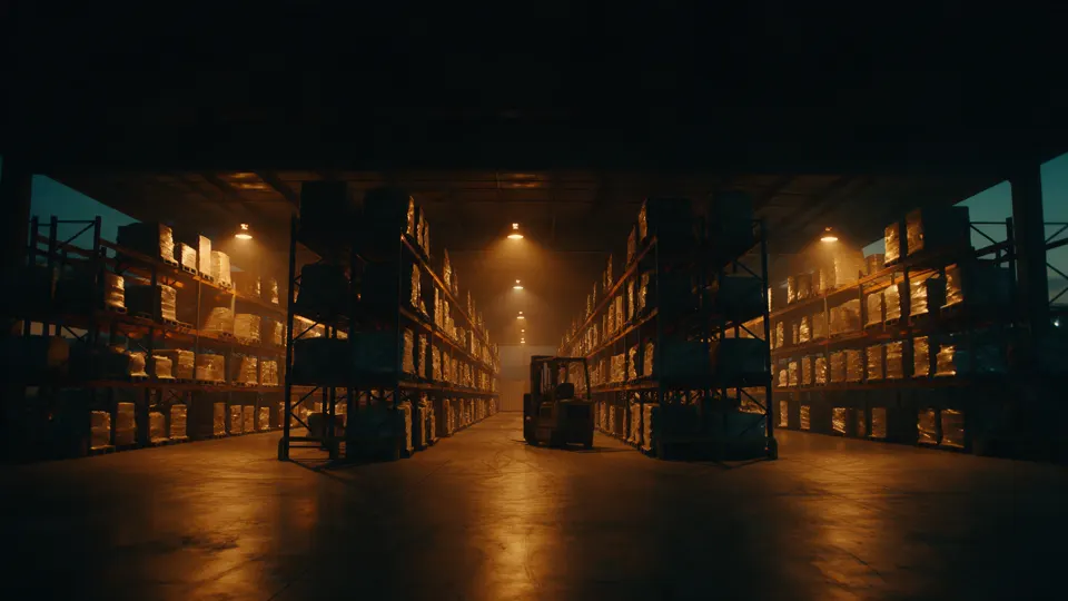 A long aisle of pallet racking in a warehouse at night, lit by amber high-bay lamps, a forklift parked in the aisle.
