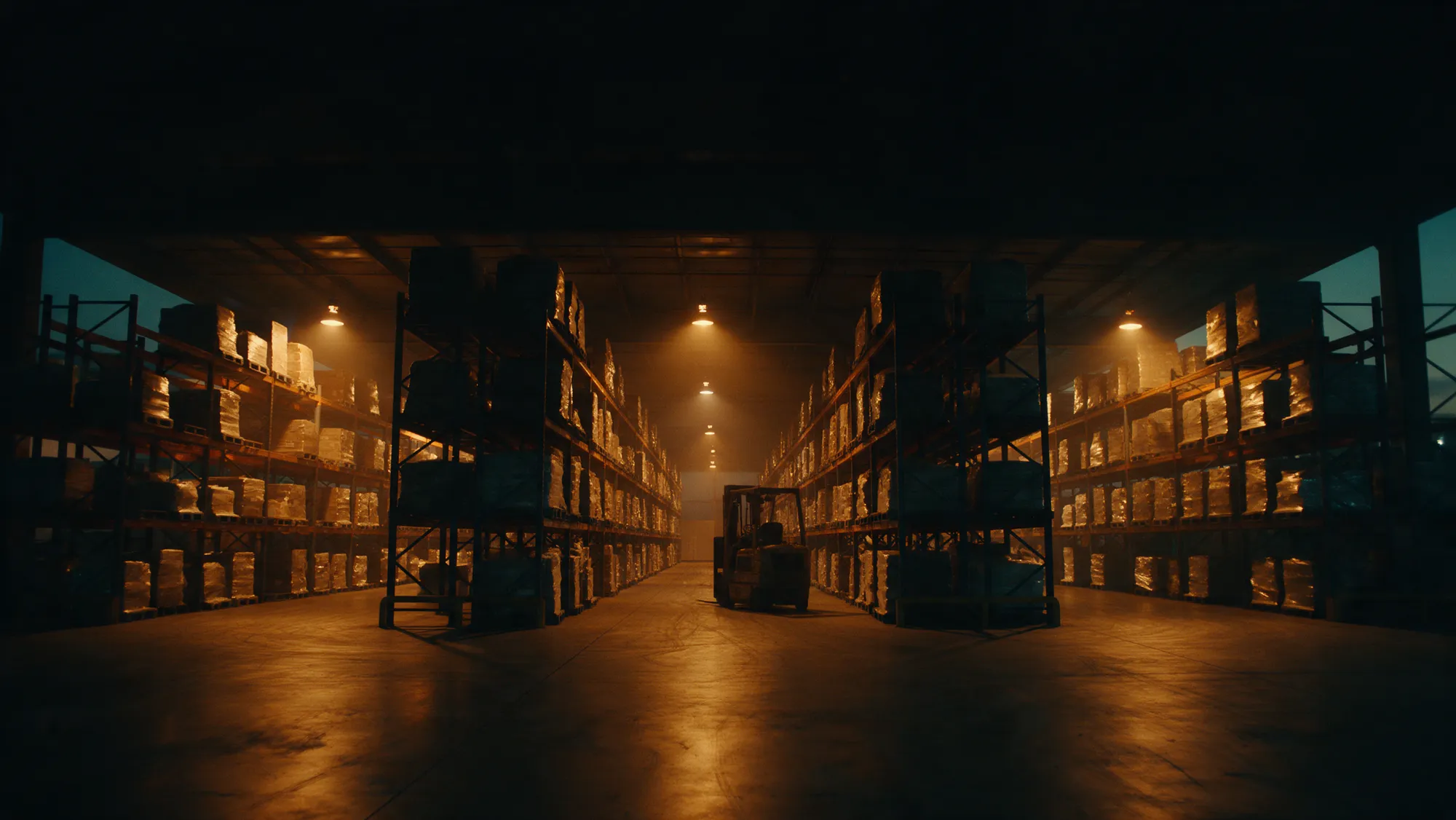 A long aisle of pallet racking in a warehouse at night, lit by amber high-bay lamps, a forklift parked in the aisle.