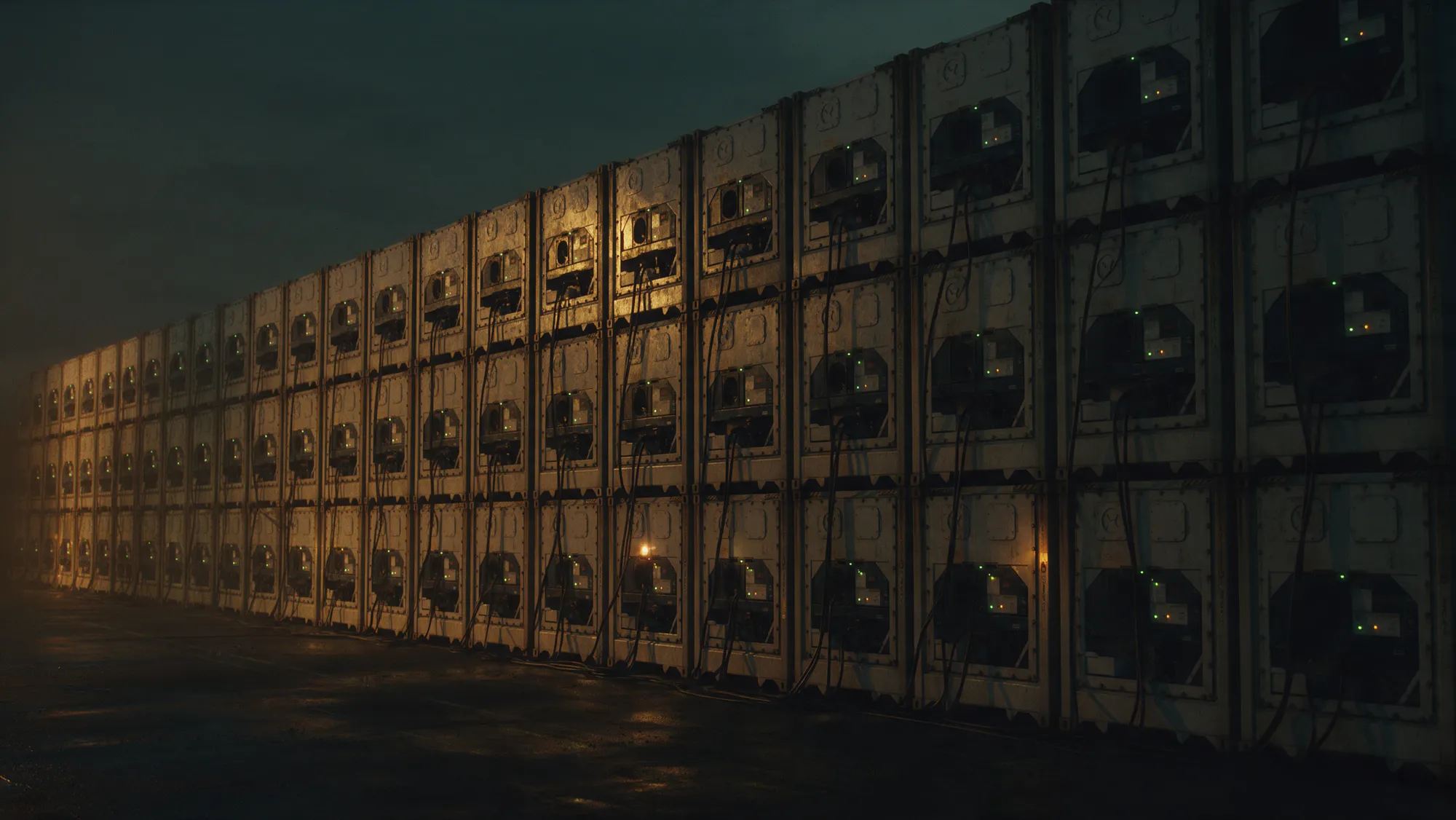 Rows of refrigerated reefer containers plugged into power in a container yard at night.