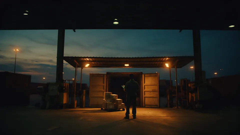 A shipping container with its doors open under floodlights in a port inspection bay at dusk.