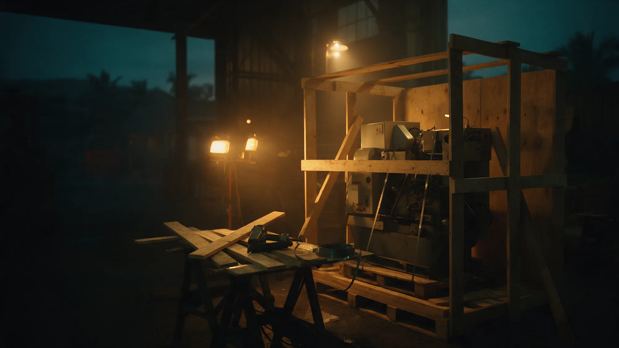 A wooden export crate being built around machinery in a warehouse packing bay at night.