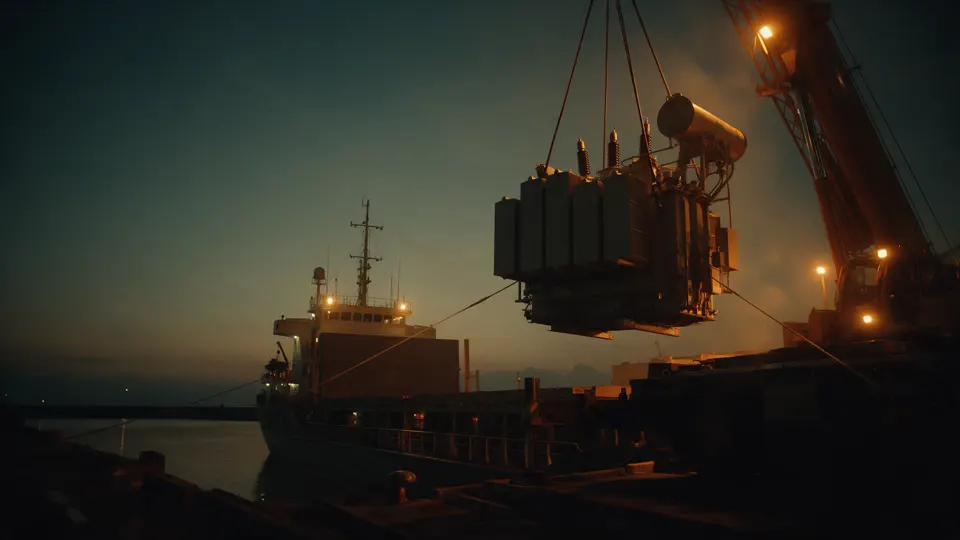 A mobile crane lifting a heavy industrial transformer onto a cargo ship at a quay at dusk.