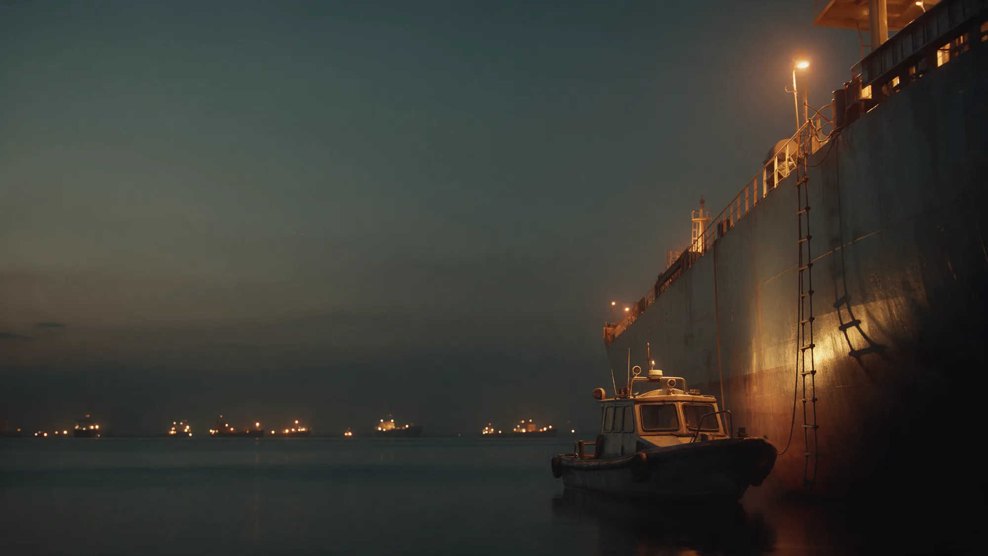 A pilot launch alongside the hull of a large tanker at anchorage at dusk, a rope ladder hanging down the hull.