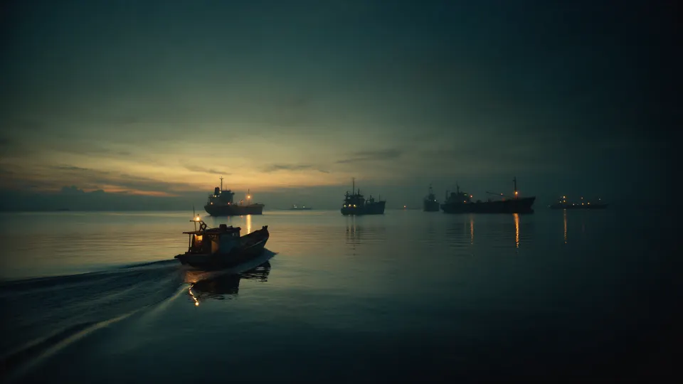 A small harbour launch crossing calm water toward ships anchored offshore at dawn.
