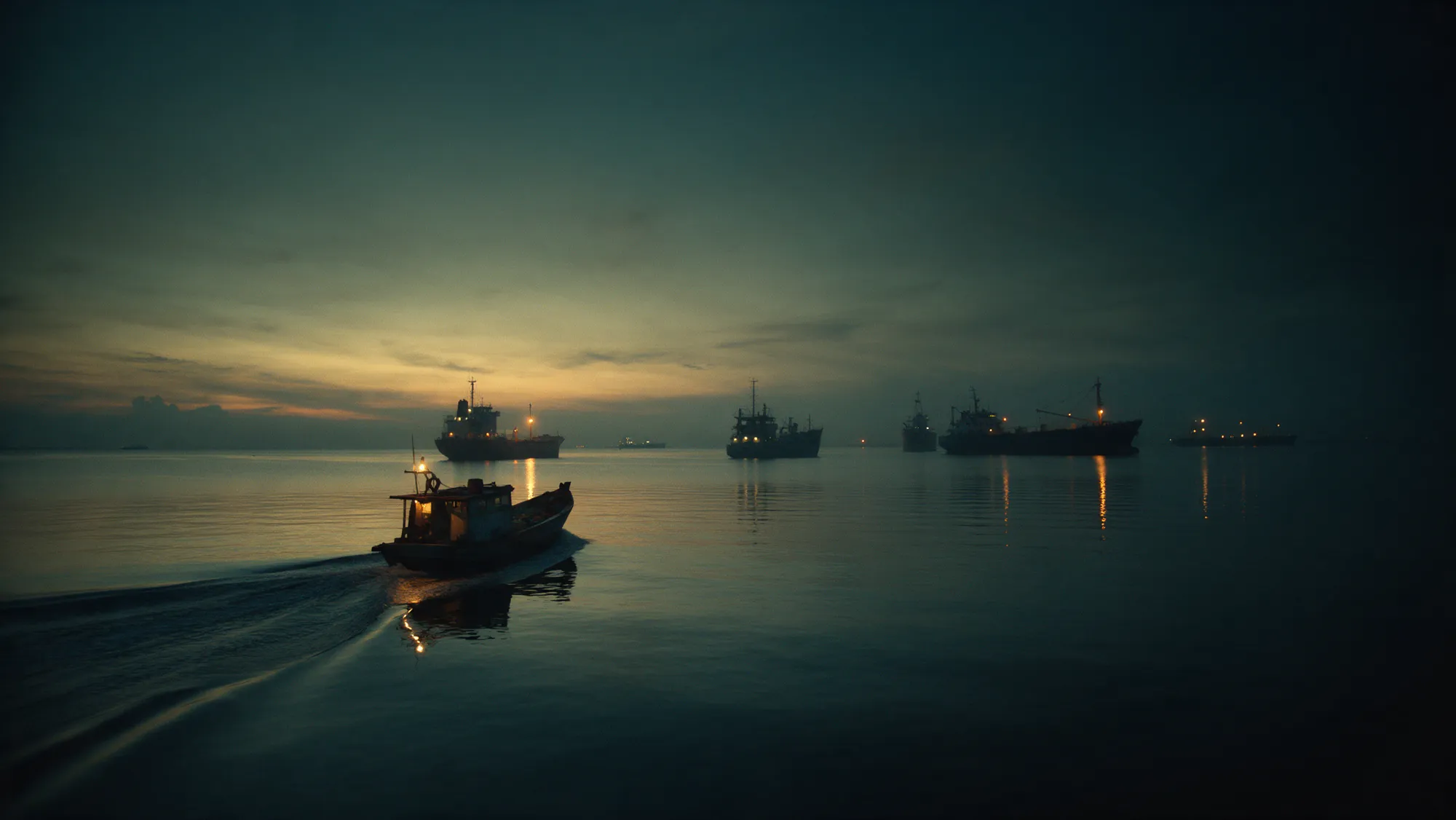 A small harbour launch crossing calm water toward ships anchored offshore at dawn.